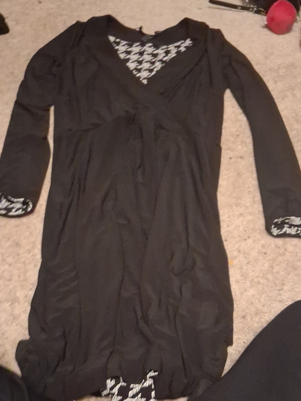 Black Long-Sleeve Wrap Tunic with Houndstooth Trim